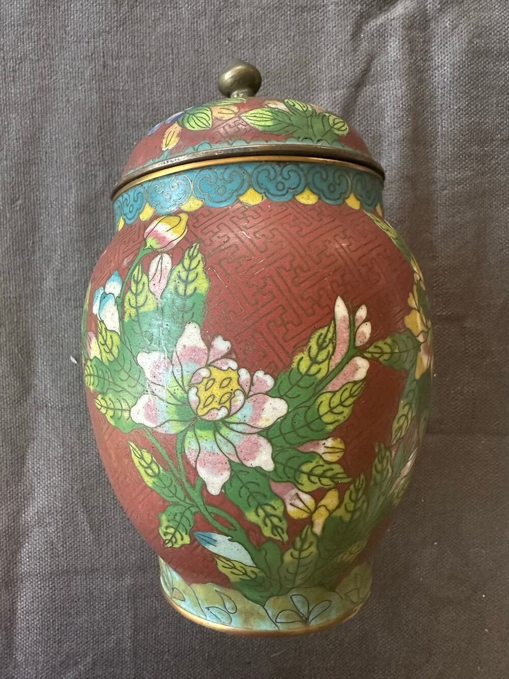 Vintage Chinese Cloisonné Enamel Ginger Jar Flowers 8” rust blue turquoise